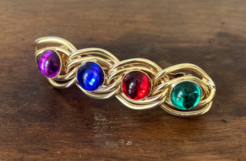 Vintage Charles J Wahba France Gold Tone Braided Barrette Multicolor Cabochons